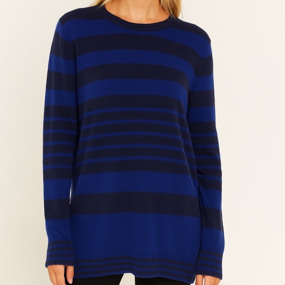 EQUIPMENT Feme 100% Cashmere Navy Royal Blue Stripe Sweater Oversized Longline M - Picture 1 of 7
